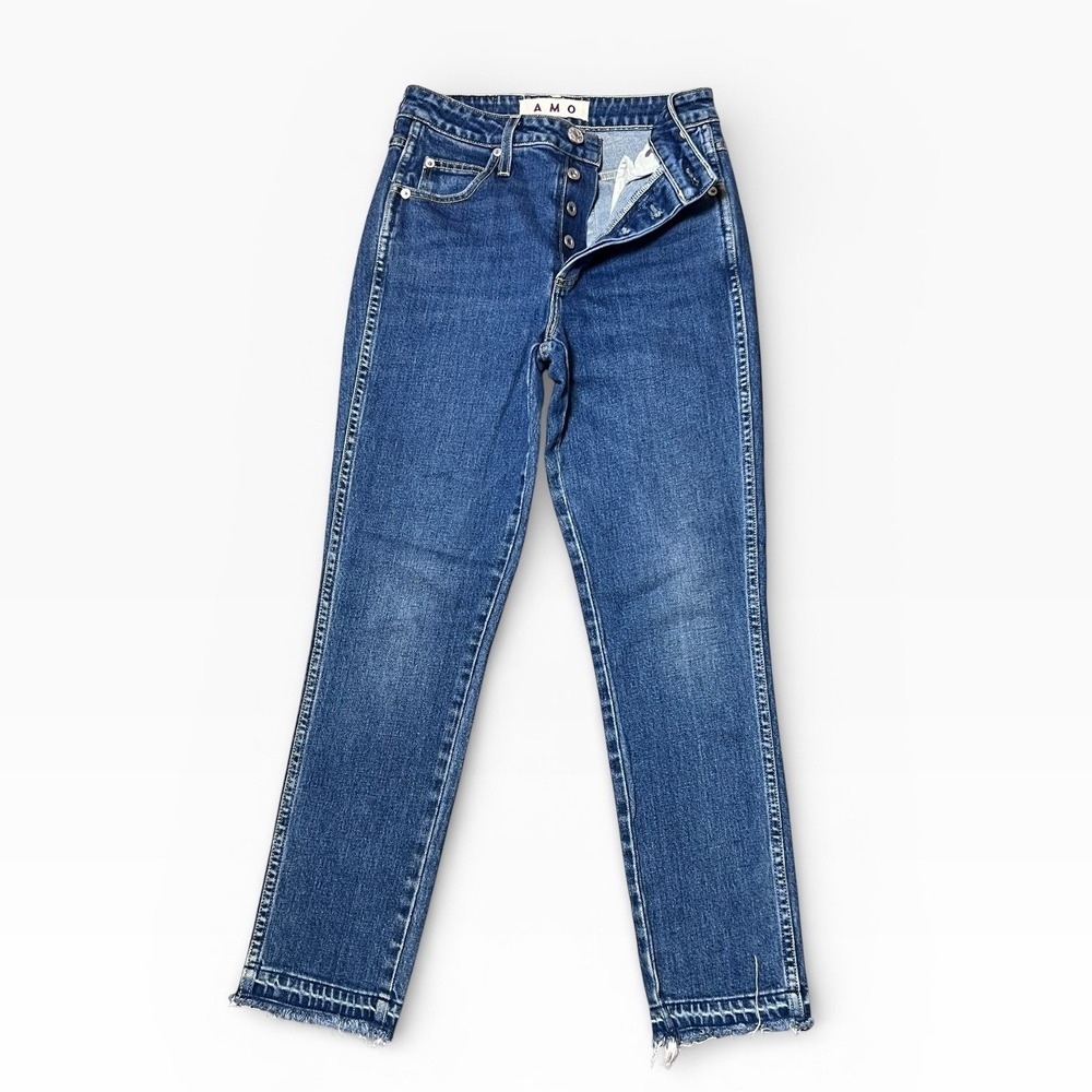 AMO Babe True Blue Cropped Straight Leg Raw Hem Button Fly Jeans Size 26 USA